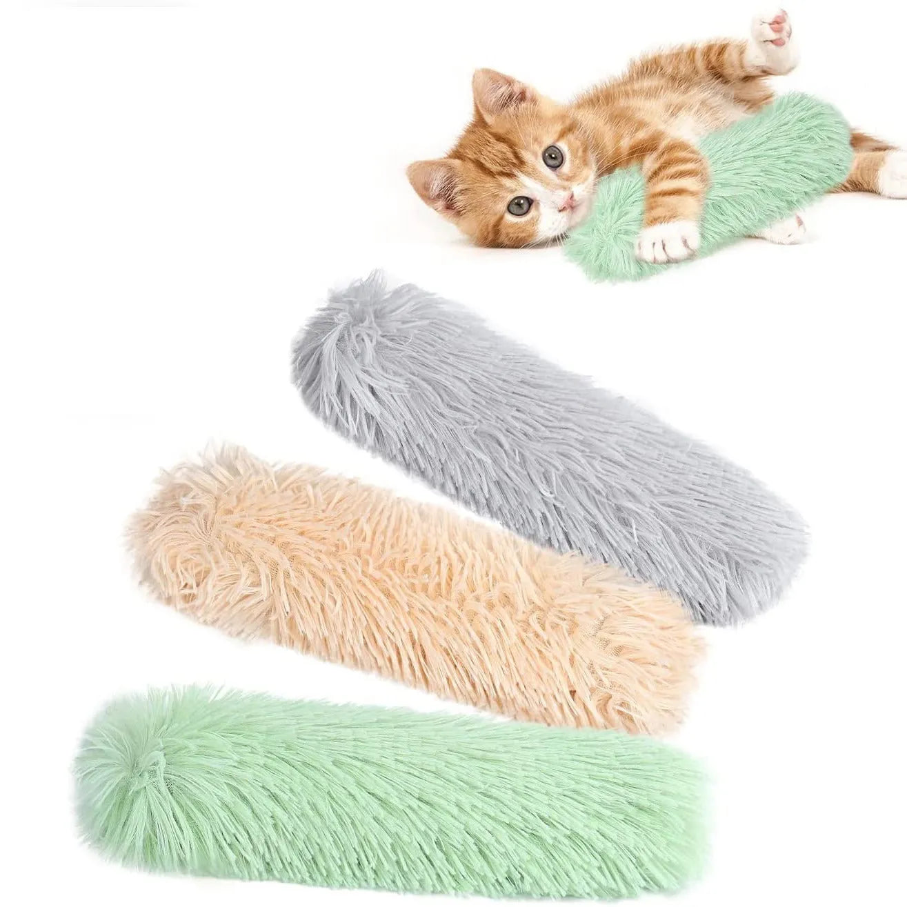 Cat plush toy pillow in blue green pink or white colours measuring 27cm by 10cm