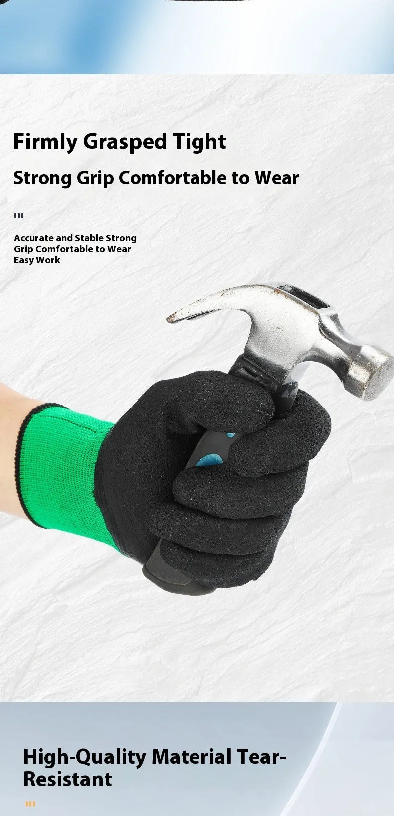Black and green rubber work gloves with a non-slip textured surface, shown in size M.