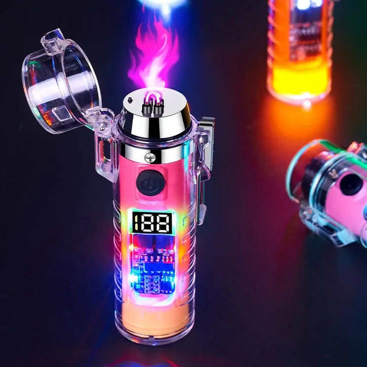 Transparent USB rechargeable electric lighter with dual arc, LED light, and nylon lanyard in black colour