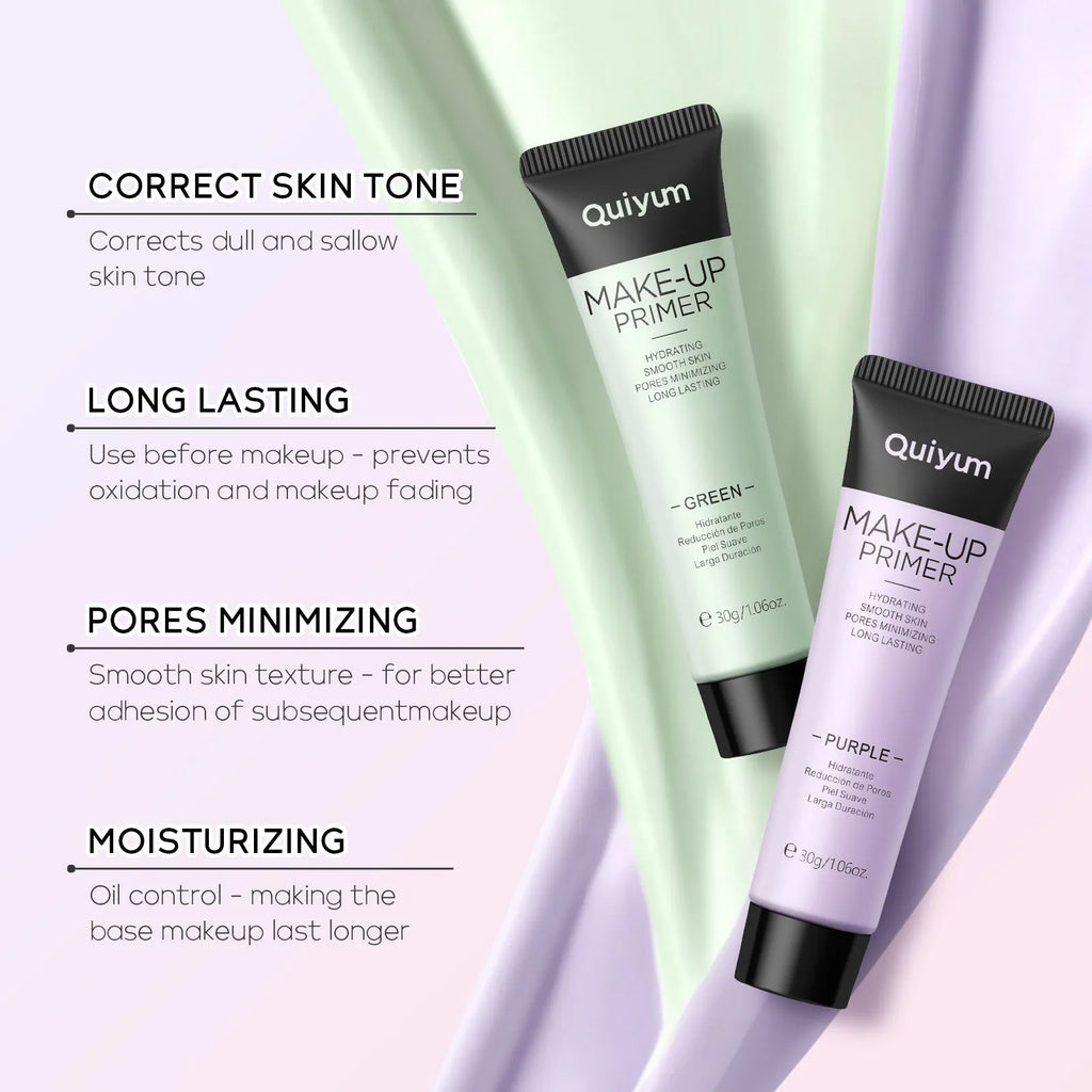 4 colour moisturising makeup primer set showing purple, pink and green correctors in colour box packaging
