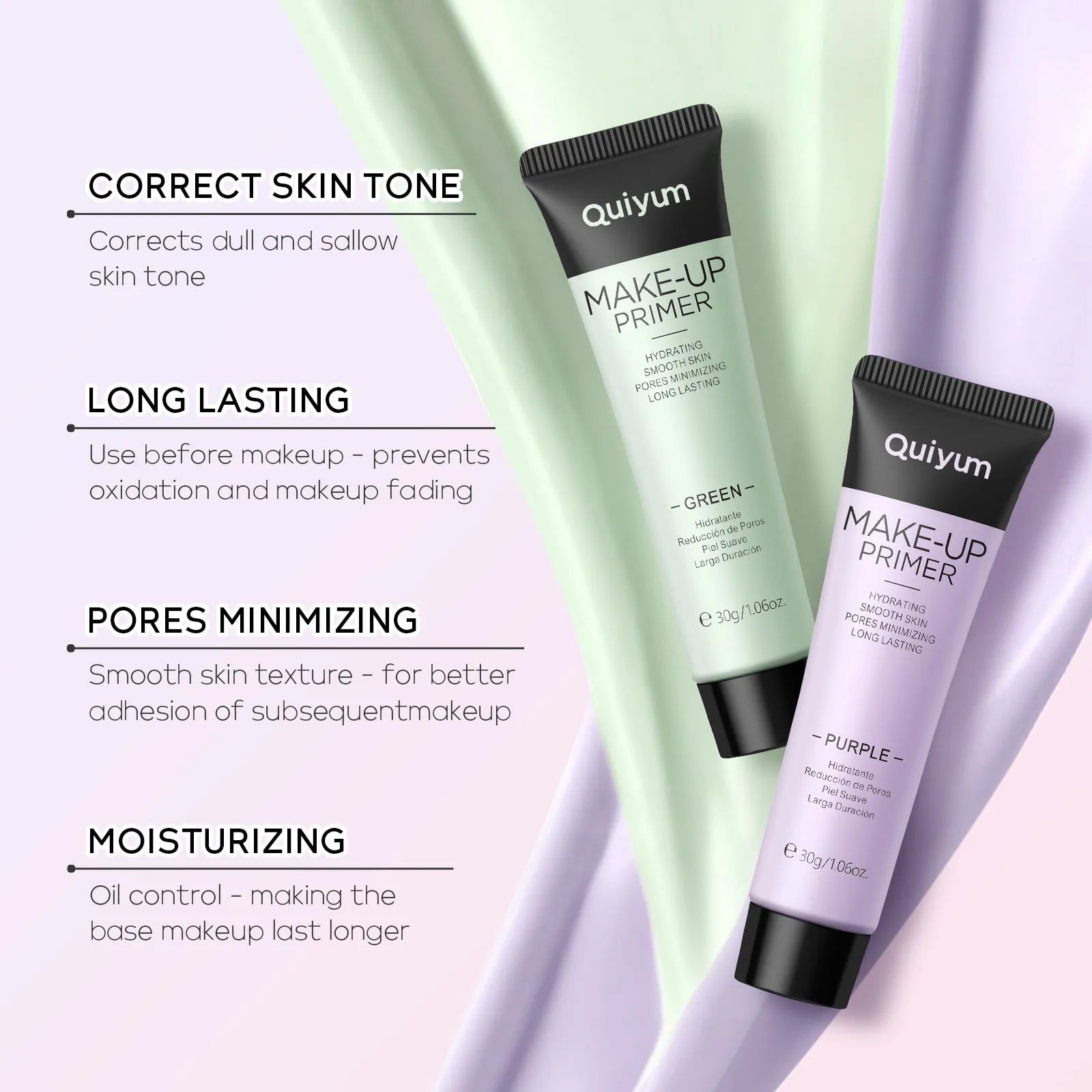 4 colour moisturising makeup primer set showing purple, pink and green correctors in colour box packaging