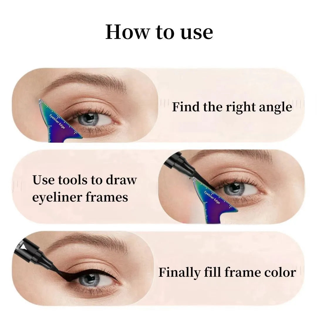 Reusable 3-in-1 plastic makeup stencil for winged eyeliner, eyebrows, and face contour on hooded eyes.