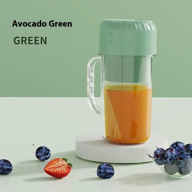 Portable USB-powered juicer in avocado green or cherry blossom pink with choice of blade styles