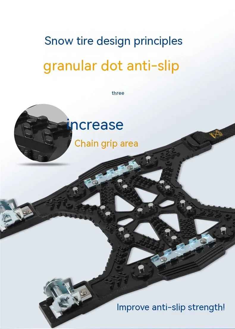 Universal snow chain kit with steel plates, tools, and winter accessories for cars and SUVs