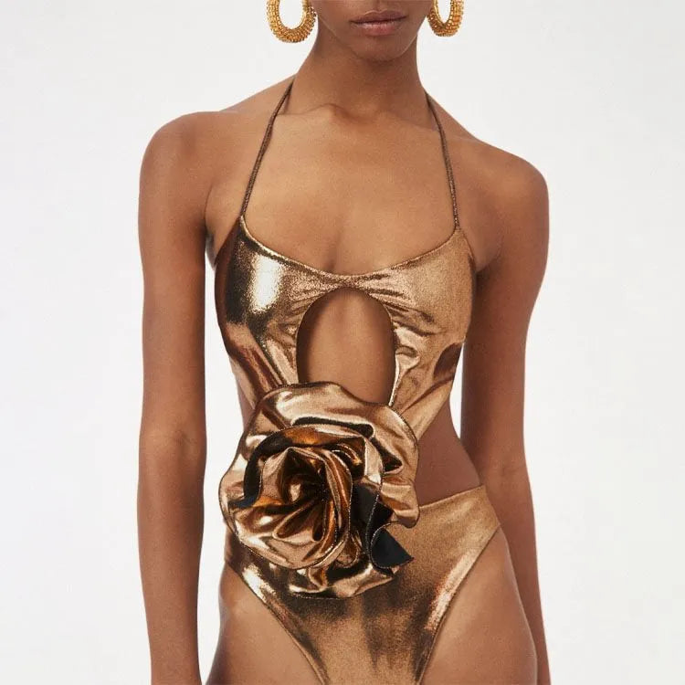 Handmade gold one-piece swimsuit with halter neck and hollow-out design