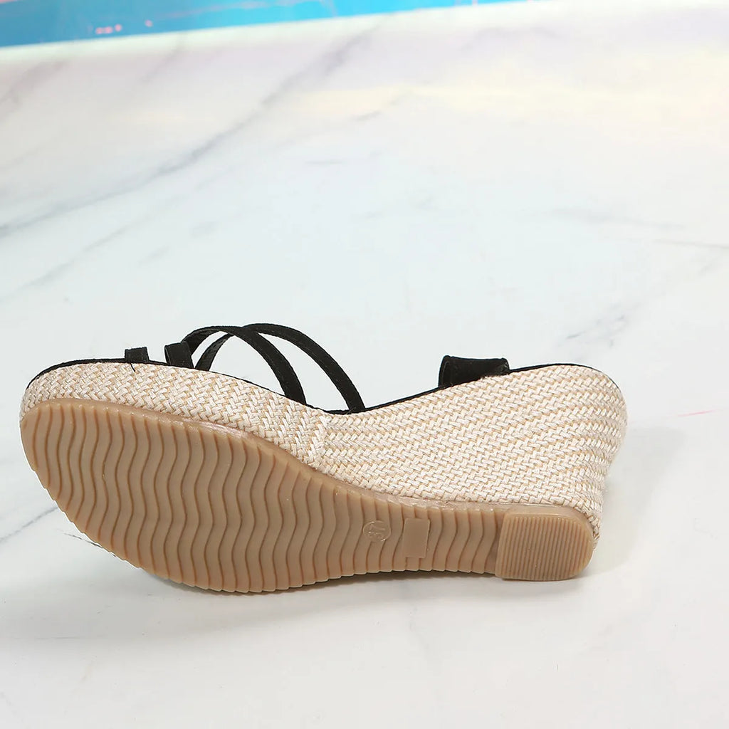 Women's black cloth wedge sandals with fish mouth toe design