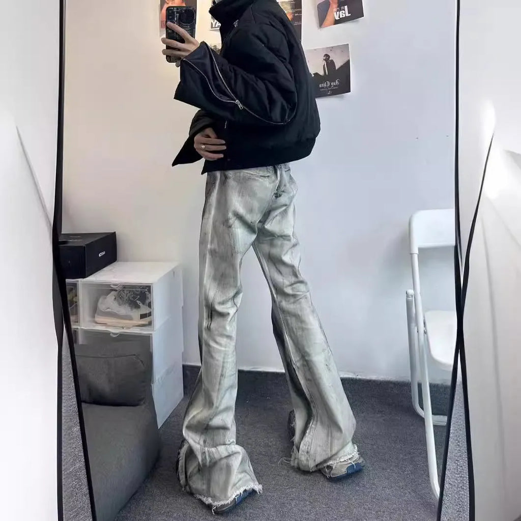 White retro jeans with black ribbon gradient detail and rough selvedge styling on mid-waist denim trousers