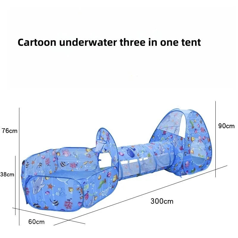 Three-in-one children's tent with marine cartoon design showing fabric tent, ball pool and connecting tunnel sections