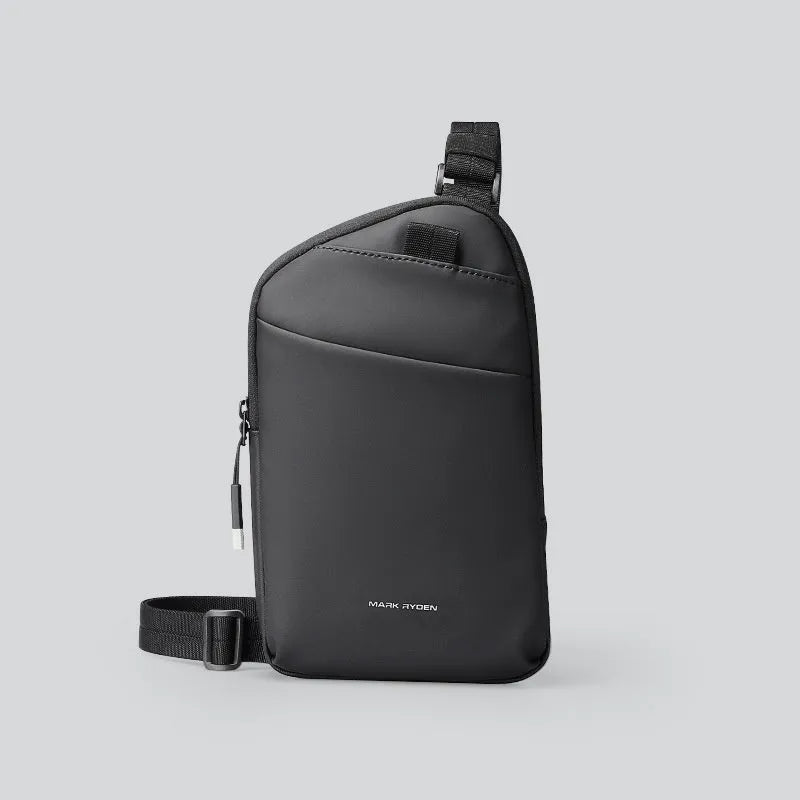 Men's elegant black crossbody bag made from Oxford cloth with visible sewing thread detailing.