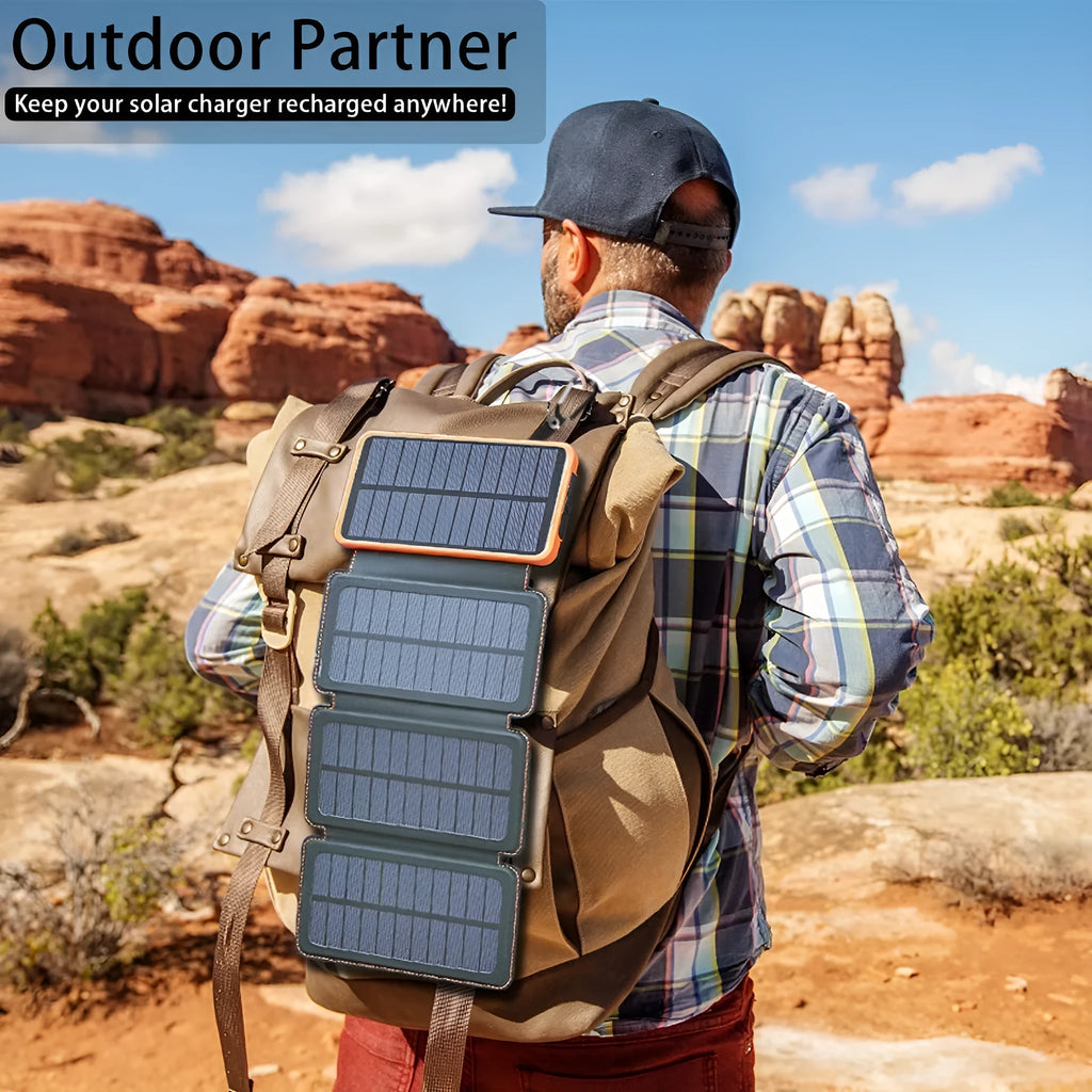 A waterproof solar power bank in one of four colours, showing the solar panel and a built-in LED light.