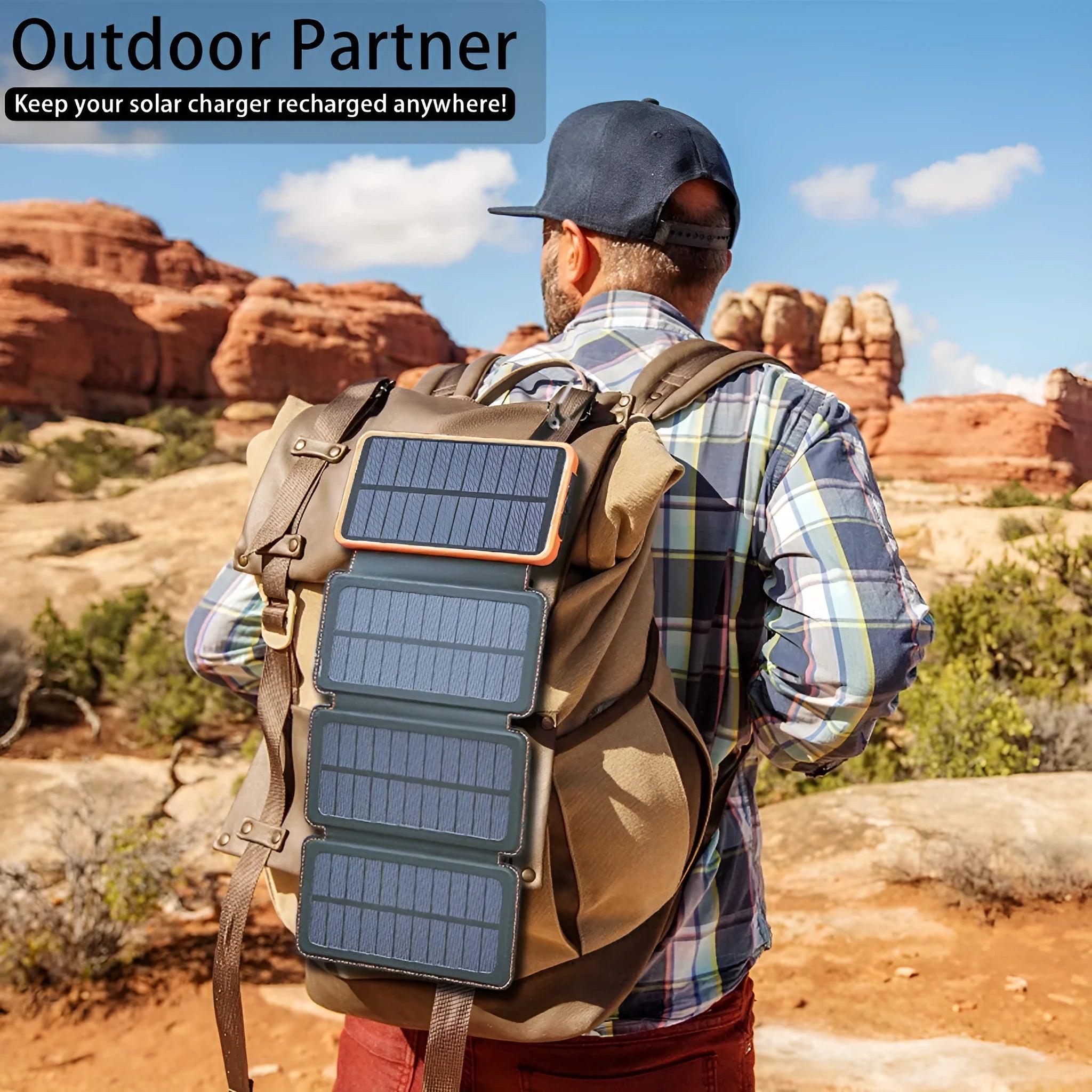 A waterproof solar power bank in one of four colours, showing the solar panel and a built-in LED light.