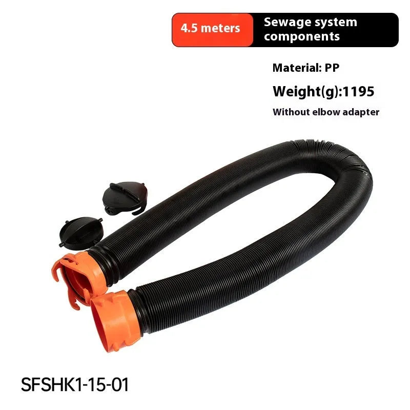 90-degree rotary elbow joint for sewage hose, shown in PP and TPE material options for motorhome waste.