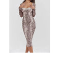 Grey long sleeve digital printed lace dress with 3D pattern and A-line skirt on a mannequin.