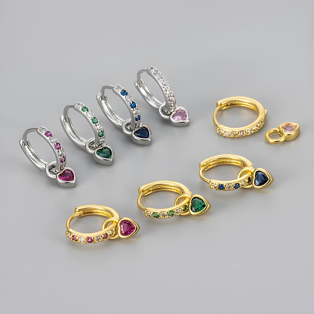 Women's heart-shaped zircon earrings with coloured gemstones in gold or white gold finish