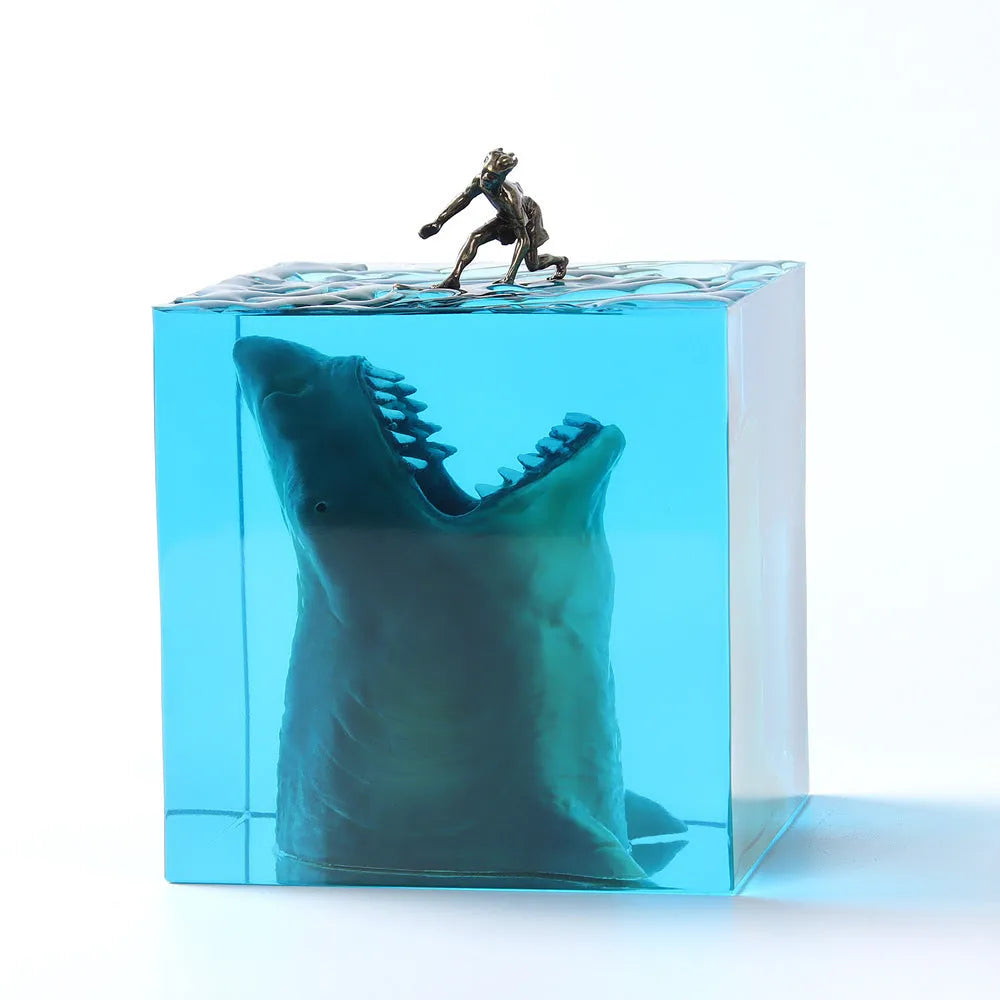 Crystal clear epoxy resin shark surfing night light ornament in modern minimalist style