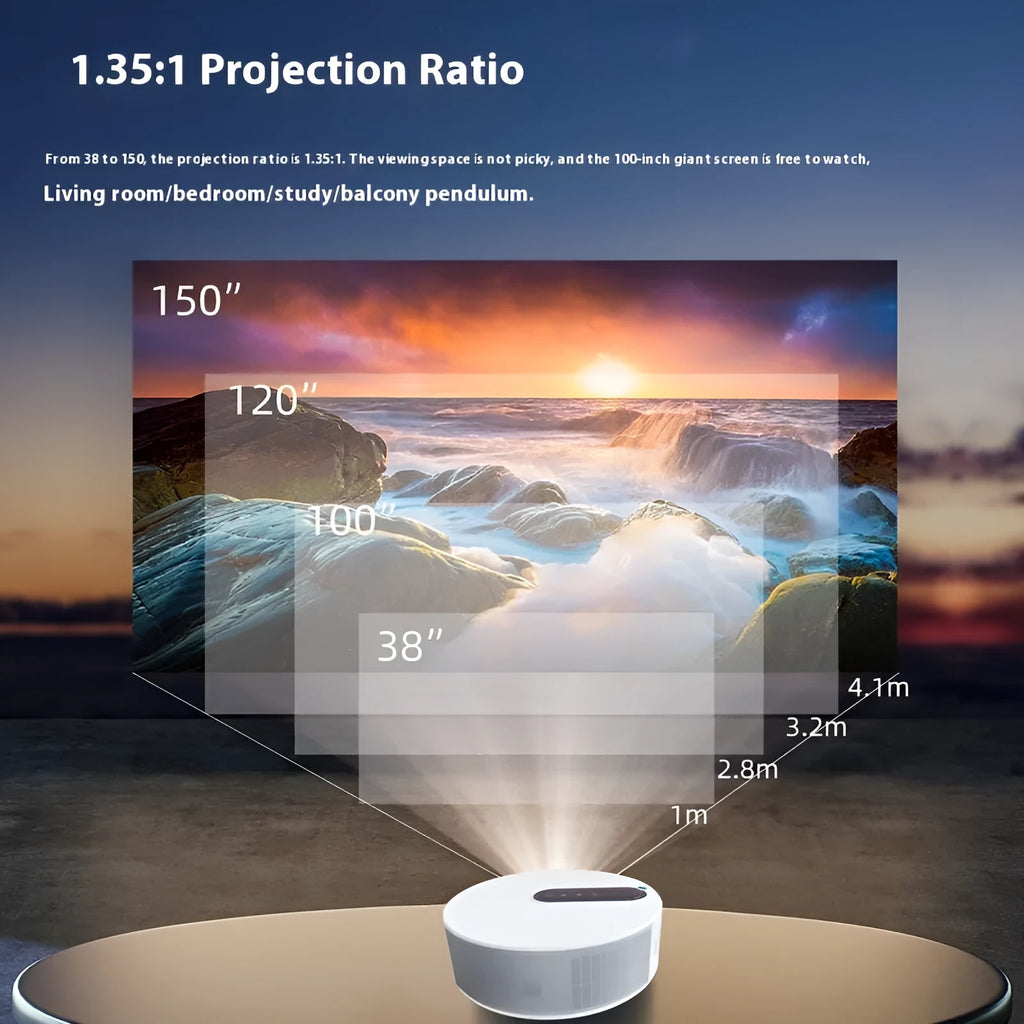 White 720p HD home theatre smart projector with remote control on a table.