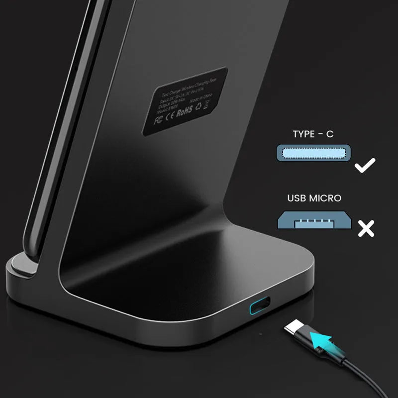 Dark grey vertical wireless charging stand for Apple iPhone on desk
