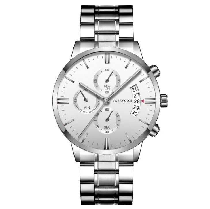 Men's stainless steel quartz watch with round 43mm dial, calendar display, and butterfly buckle
