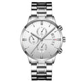 Men's stainless steel quartz watch with round 43mm dial, calendar display, and butterfly buckle
