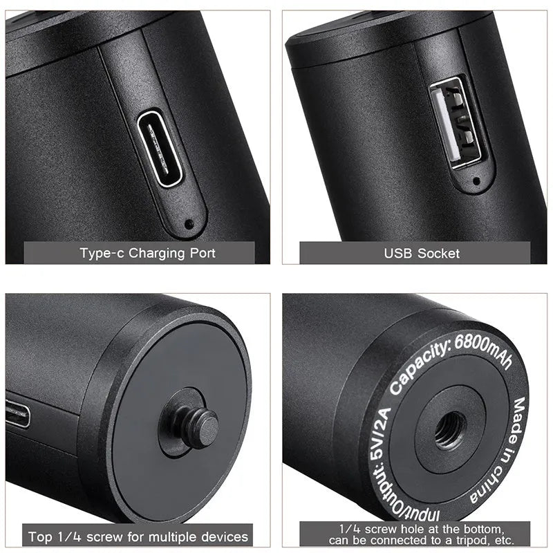 Black aluminium alloy power bank with an integrated handle, showing its compact size and Type C port.