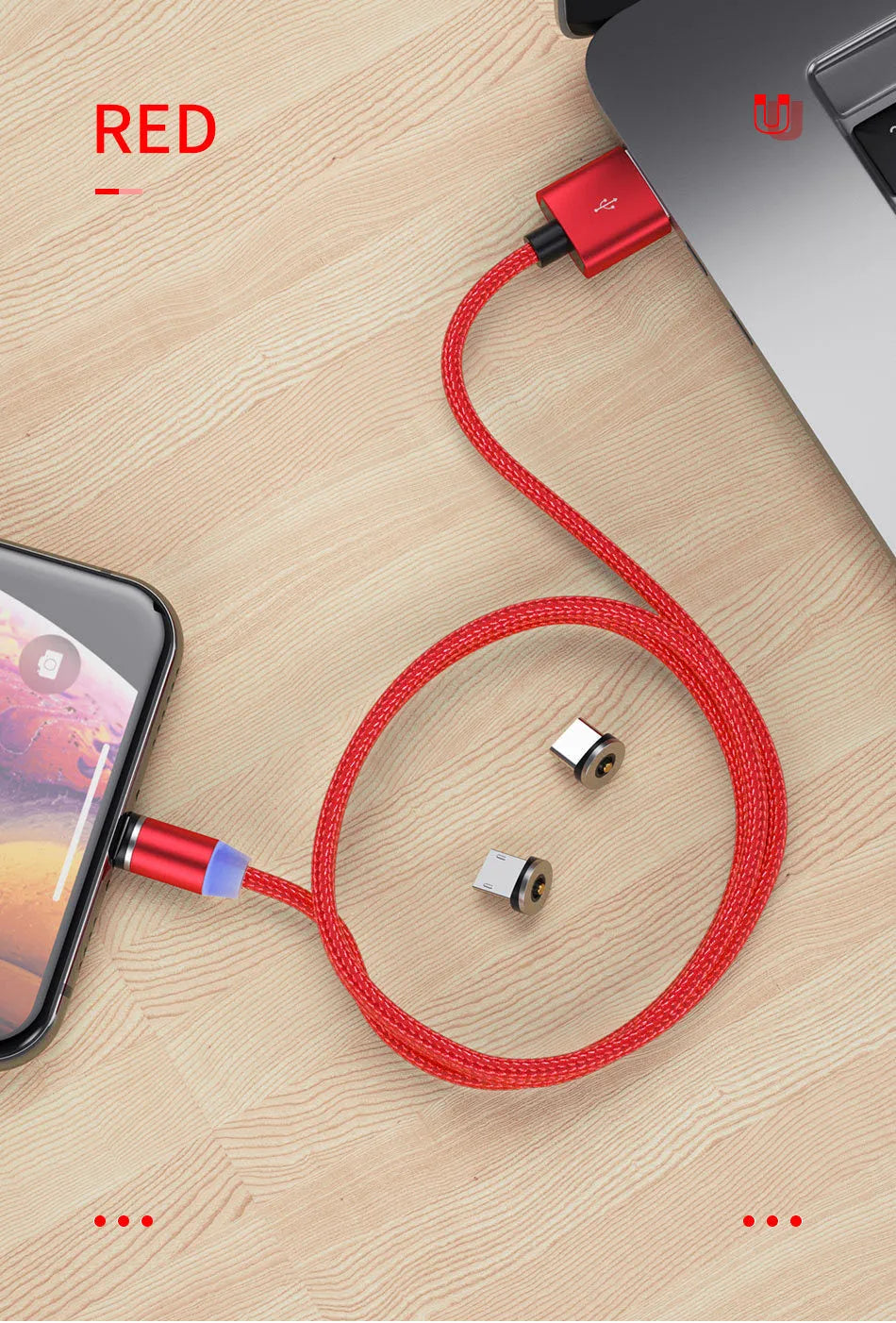 Black magnetic USB charging cable with LED light showing charging status