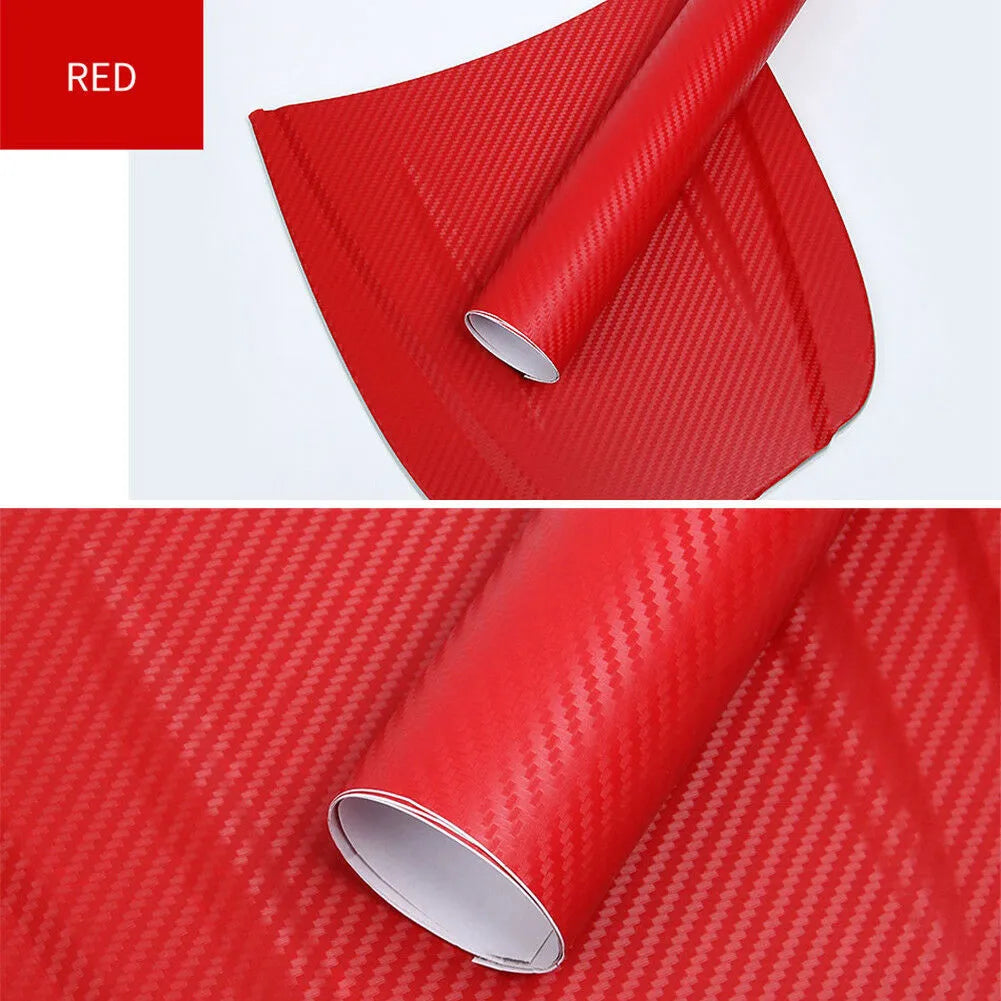 Roll of 3D carbon fibre car sticker showing black, silver, blue, and yellow colour options