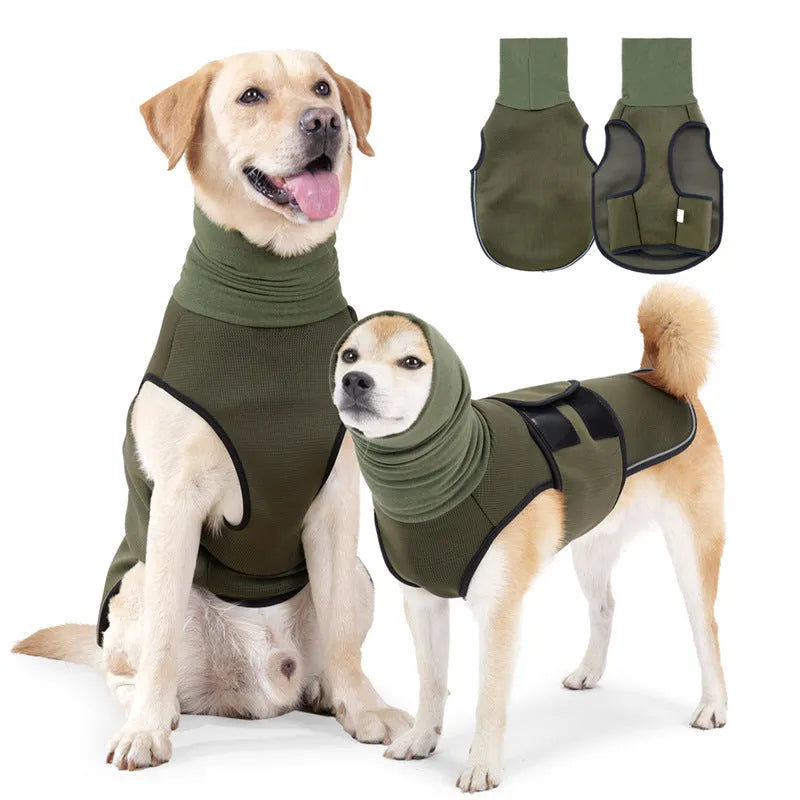 Army green polyester dog calming jacket vest for anxiety on a medium-sized dog.