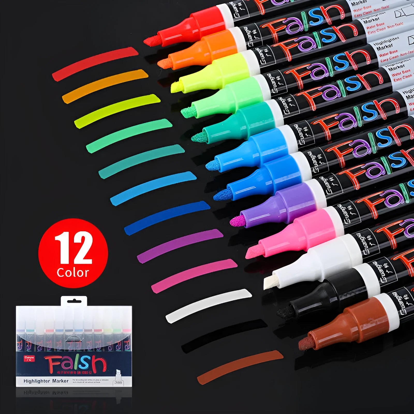 Fluorescent board highlighter with 6mm tip showing oblique pen shape and plastic shell construction