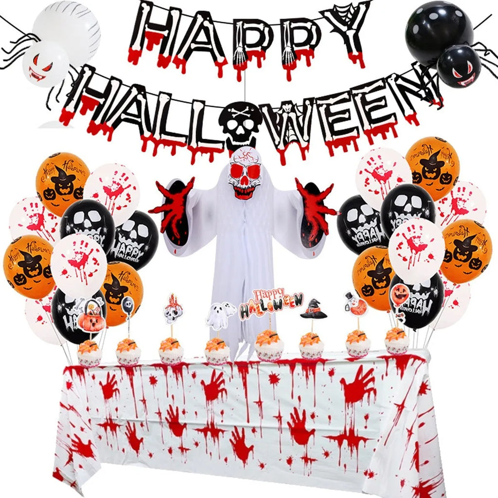 Halloween spider balloon arch with skull and pumpkin designs in black and white colours
