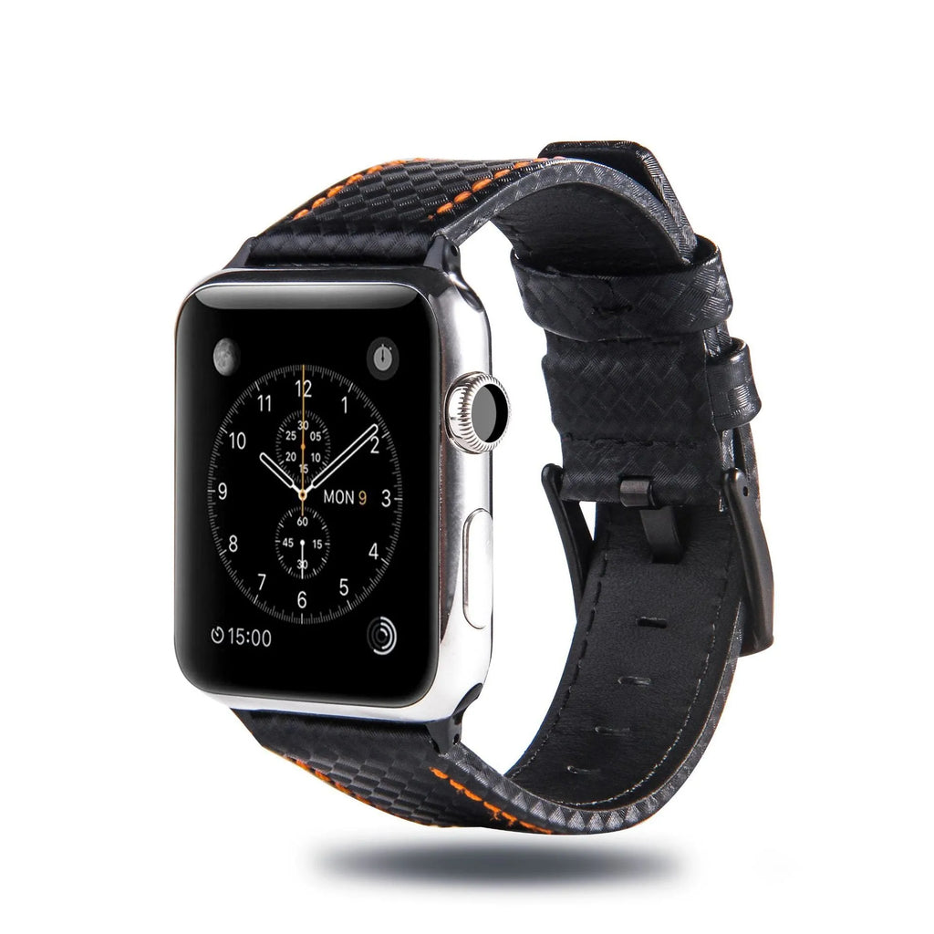 Leather Apple Watch strap with carbon fibre pattern in black, blue, orange, or red colours for 38mm 40mm or 42mm 44mm cases.