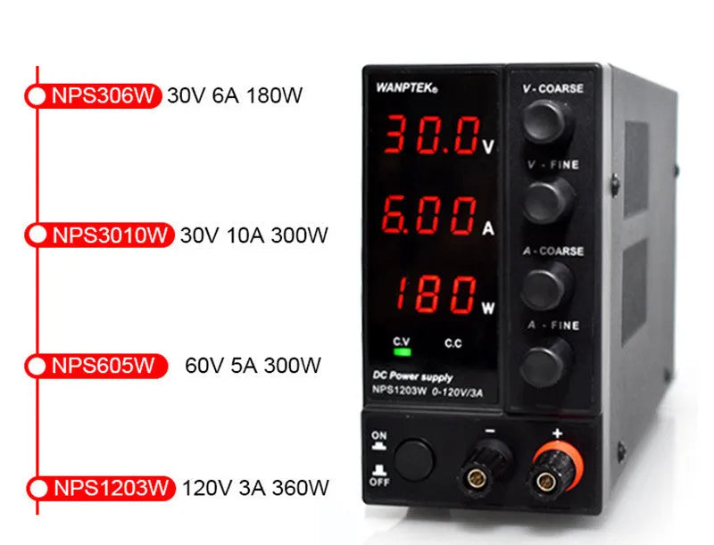 White adjustable DC power supply unit for electronics repair with voltage and current controls
