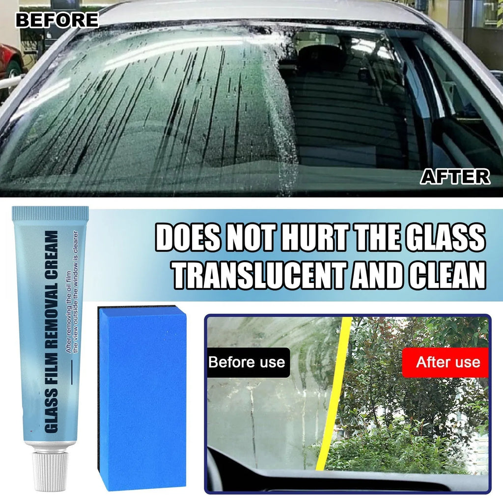 Blue car glass oil film remover bar and sponge for cleaning windshields and windows.