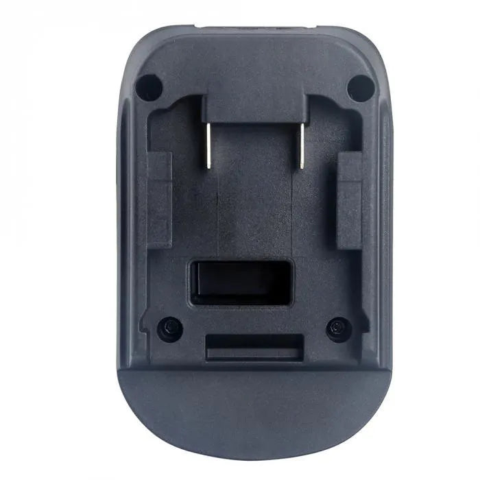 Black battery adapter converting Milwaukee DM18M to Makita H99F power tool batteries