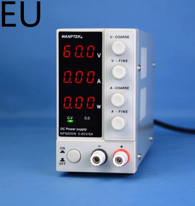 White adjustable DC power supply unit for electronics repair with voltage and current controls