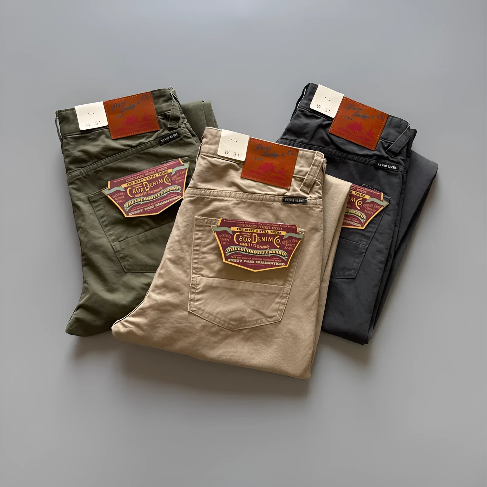 Men's straight leg cotton casual trousers in grey, shown on a model.