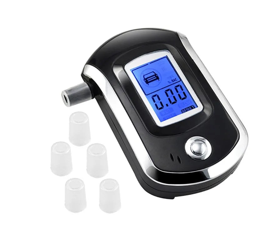 Black portable breath alcohol tester with digital display and mouthpiece