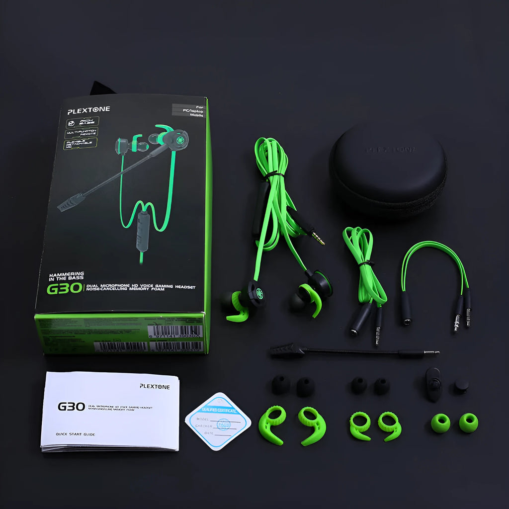 Shuangmai wired in-ear computer gaming headset with short cable in black, green, and red colour options.