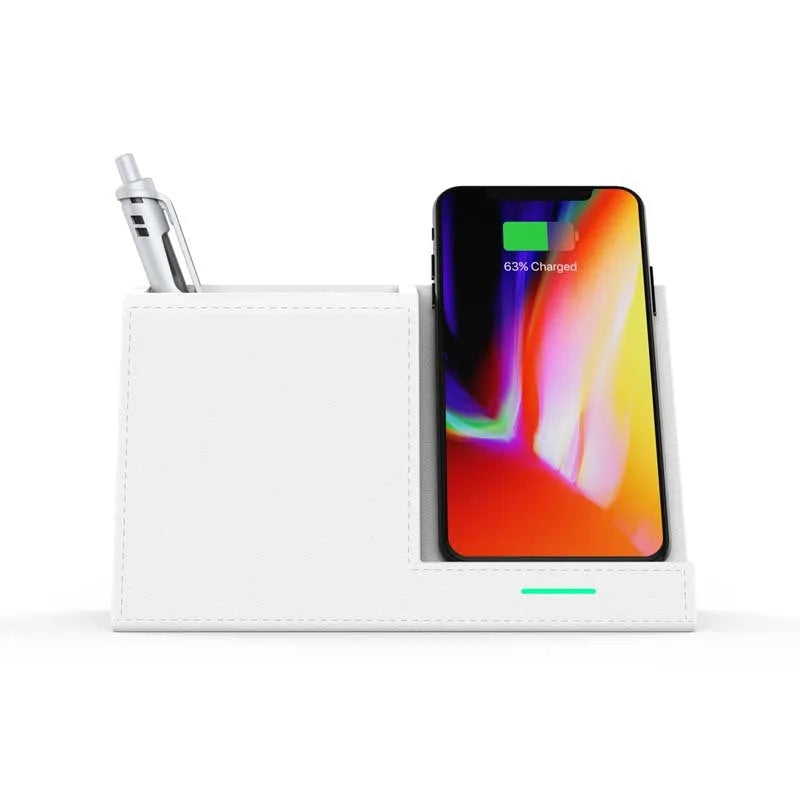 Black leather desk organiser with wireless phone charger and pen holder slot