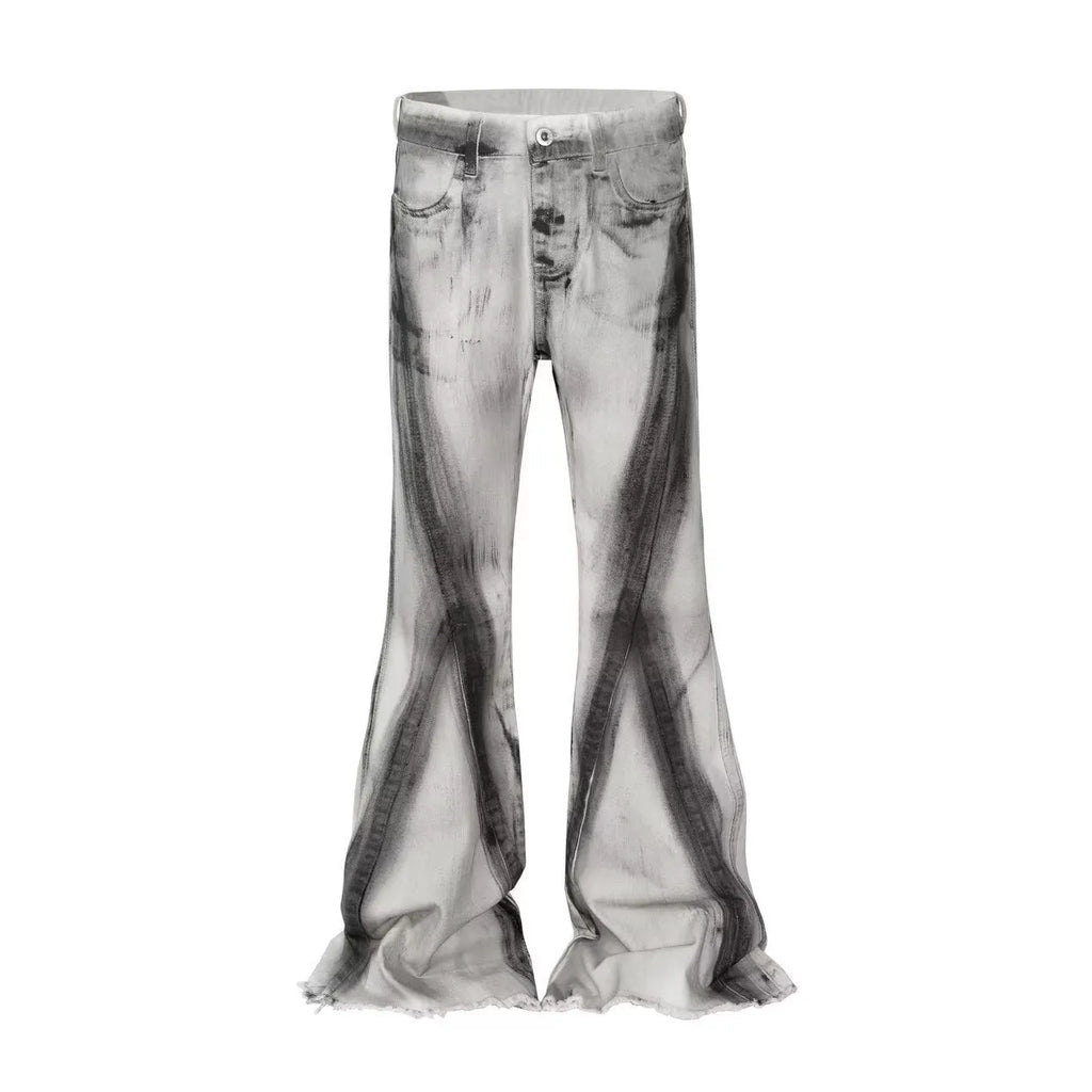 White retro jeans with black ribbon gradient detail and rough selvedge styling on mid-waist denim trousers