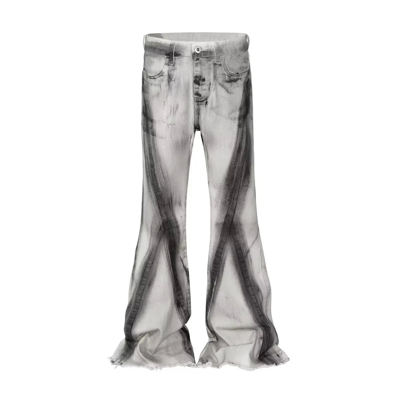White retro jeans with black ribbon gradient detail and rough selvedge styling on mid-waist denim trousers