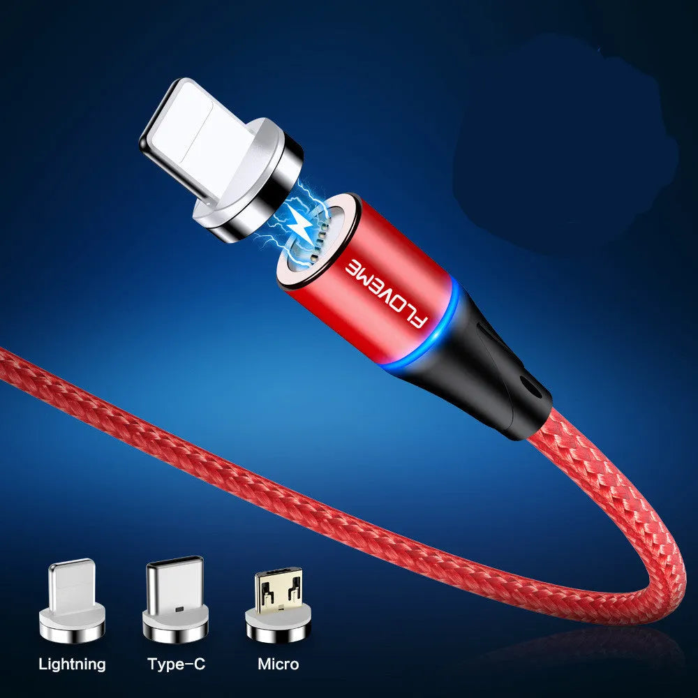 Black magnetic charging cable with LED lights showing USB-C and lightning connectors