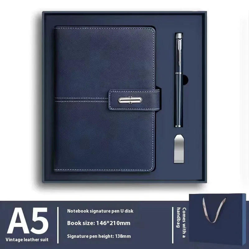 A5 notebook with PU leather cover shown in multiple colour options including black, red, green, blue, and orange.