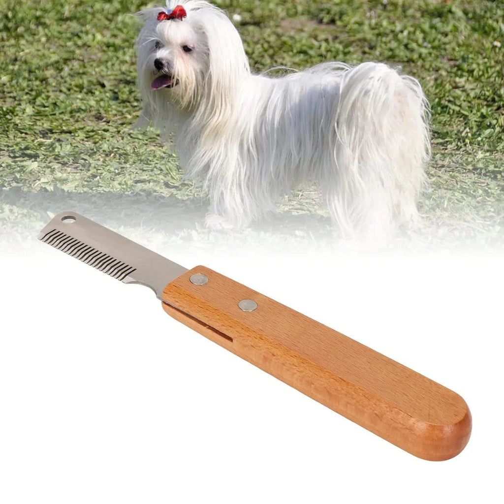 Pet stripping comb with wood handle and metal teeth for removing hair from dogs and cats