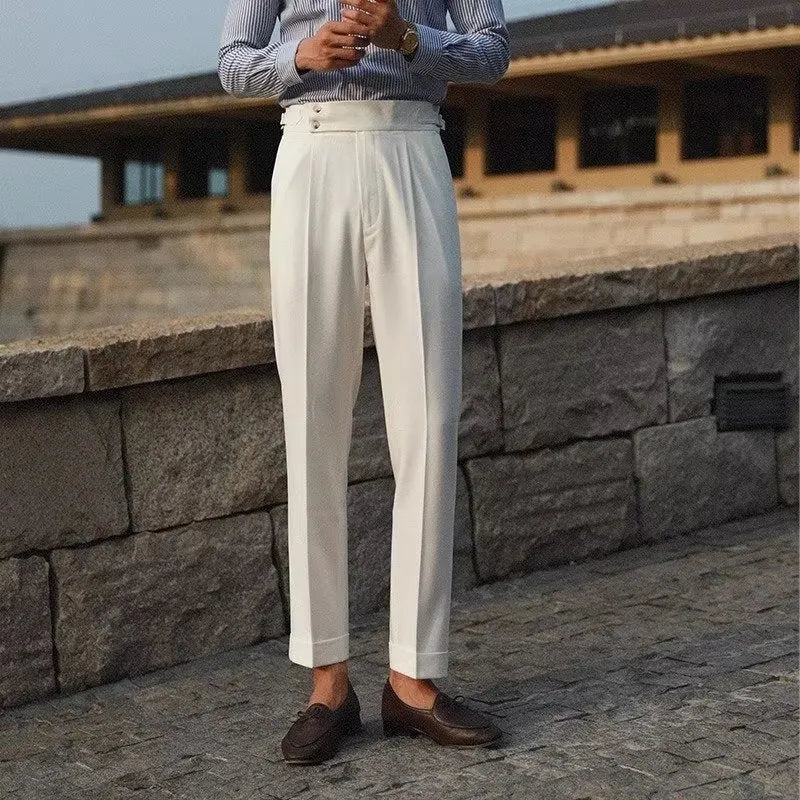 Men's slim fit straight cut trousers in black, white or apricot for business formal wear