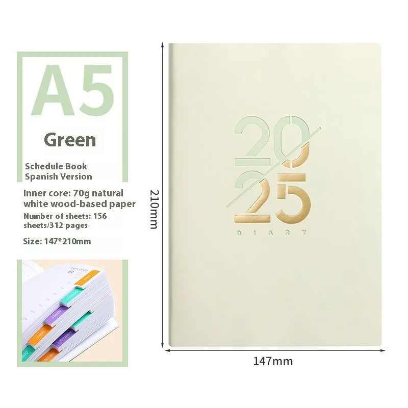 A5 daily schedule book with soft faux leather cover, open to show thread-bound 150 pages.