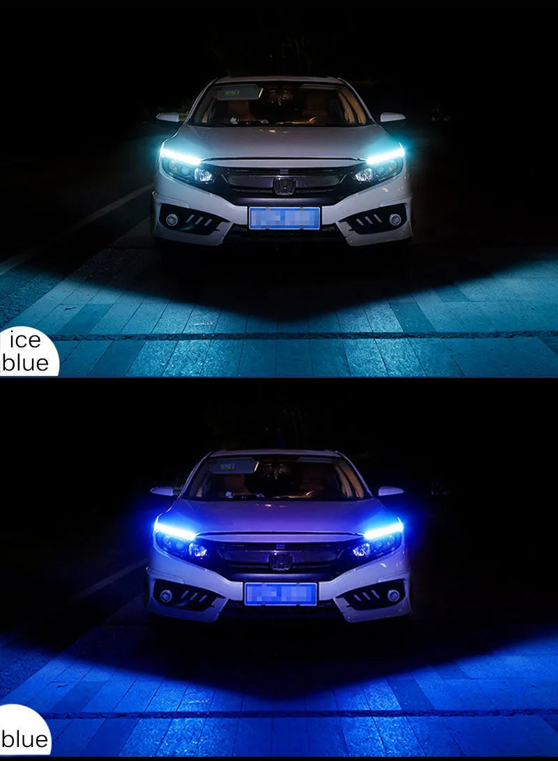 Car LED daytime running light strip with flowing turn signal in waterproof silicone, showing wire connections