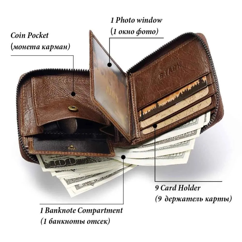 Coffee brown genuine leather men's wallet with zipper open showing multiple internal card slots and compartments.