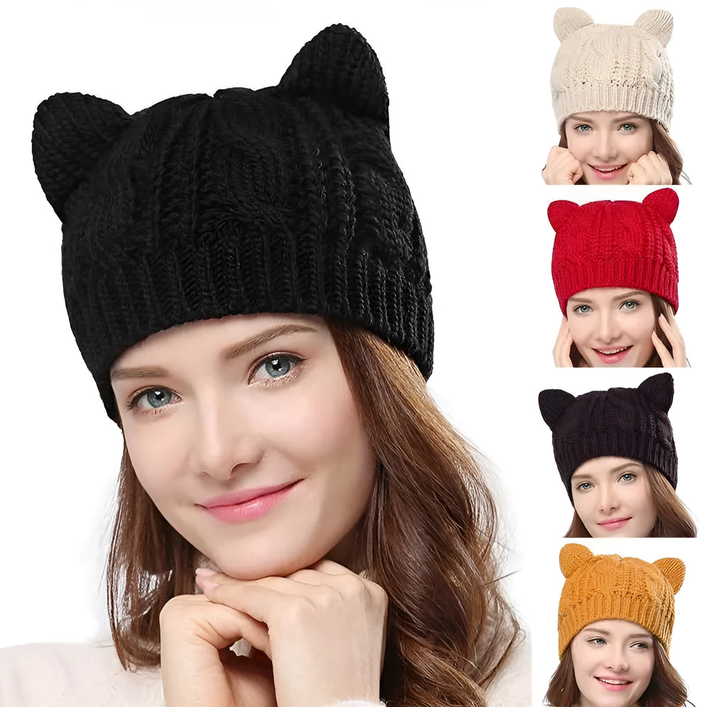 Hand made 3D cat ear knitted wool beanie in winter colours