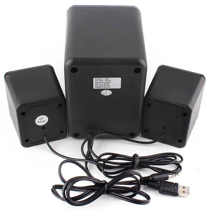 Green illuminated 2.1 USB computer speaker with colourful LED lights and connection cable