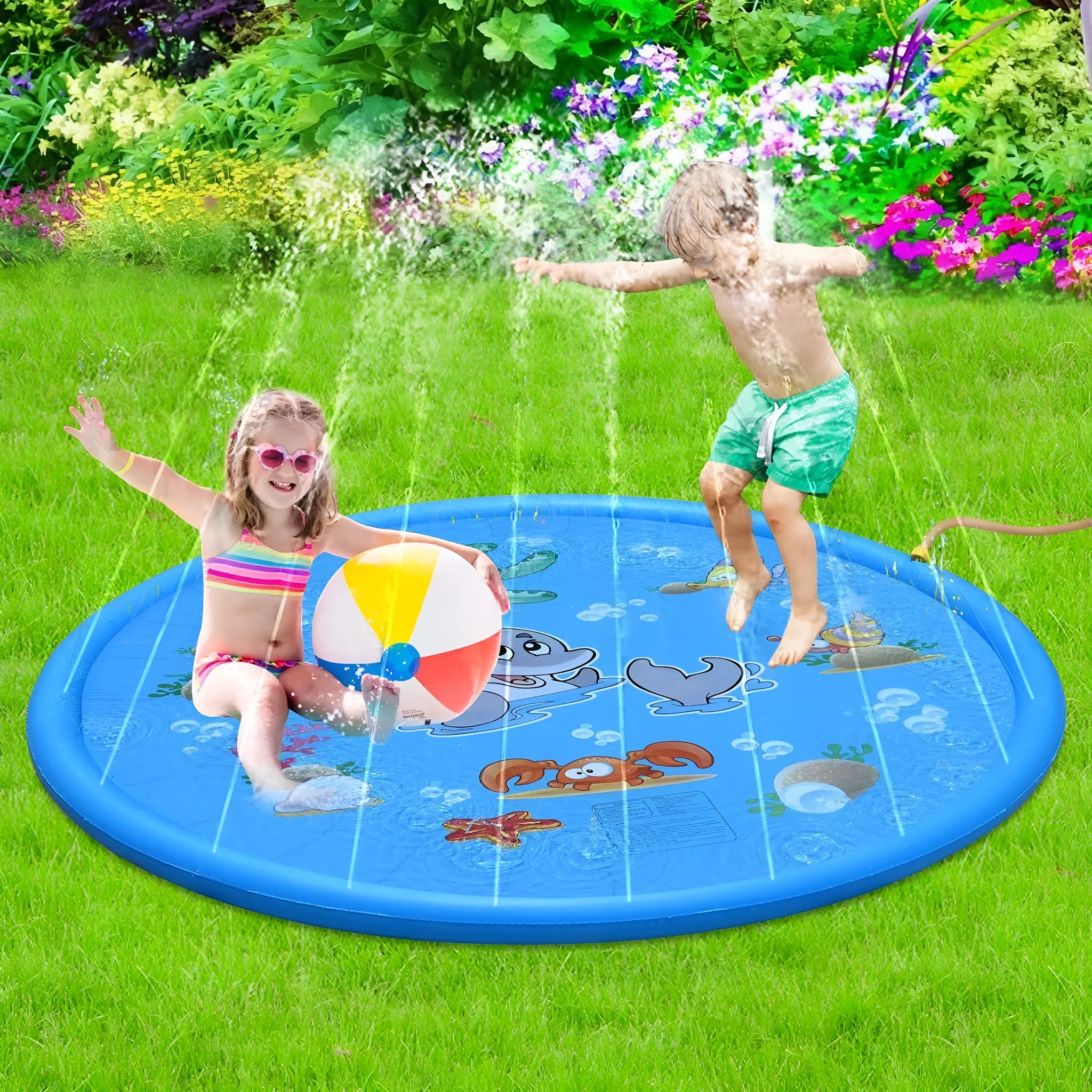 Blue PVC children's water spray mat with marine animals design for outdoor play